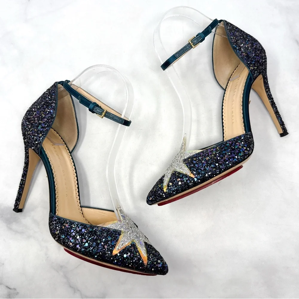 Charlotte Olympia Twilight Princess Glitter Star Ankle Strap Pointed Toe Heels - Picture 2 of 16
